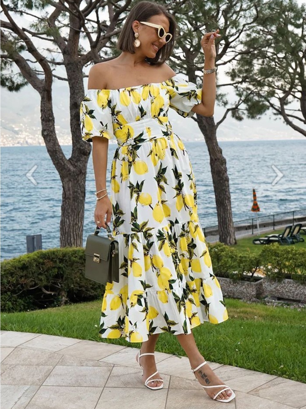 Chicwish Off-Shoulder BowKnot Crop Top & Flare Skirt Set in Lemon Print Size S